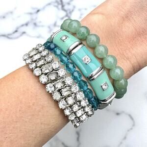 Vintage Rhinestone Teal Turquoise Enamel Gemstone Glass Bracelet Stack Stretch